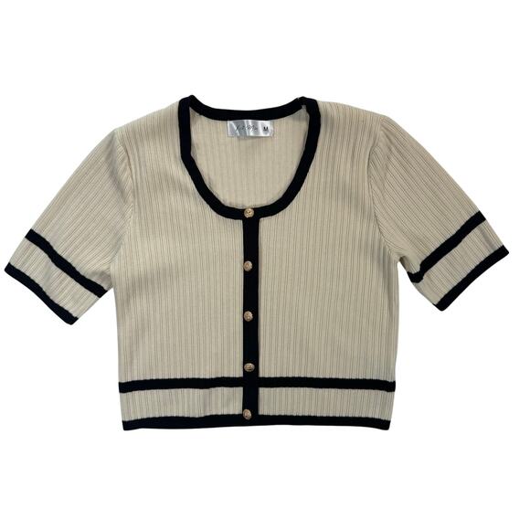 Knit Mix Women’s Medium Cropped Sweater Beige Black Trim Short Sleeve - Picture 1 of 5